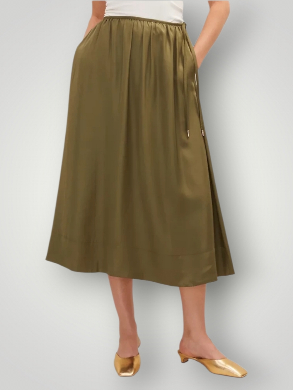 Ann Taylor Olive Green Midi Skirt 10 Side Tie Satin‎ Drape Quiet Luxury Coastal